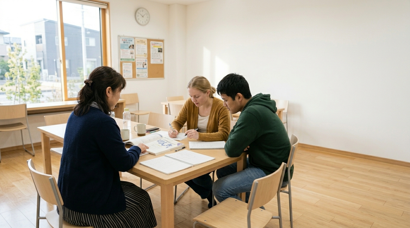 日本語教室での授業の様子。ボランティア講師と受講者が机を囲んで学んでいる