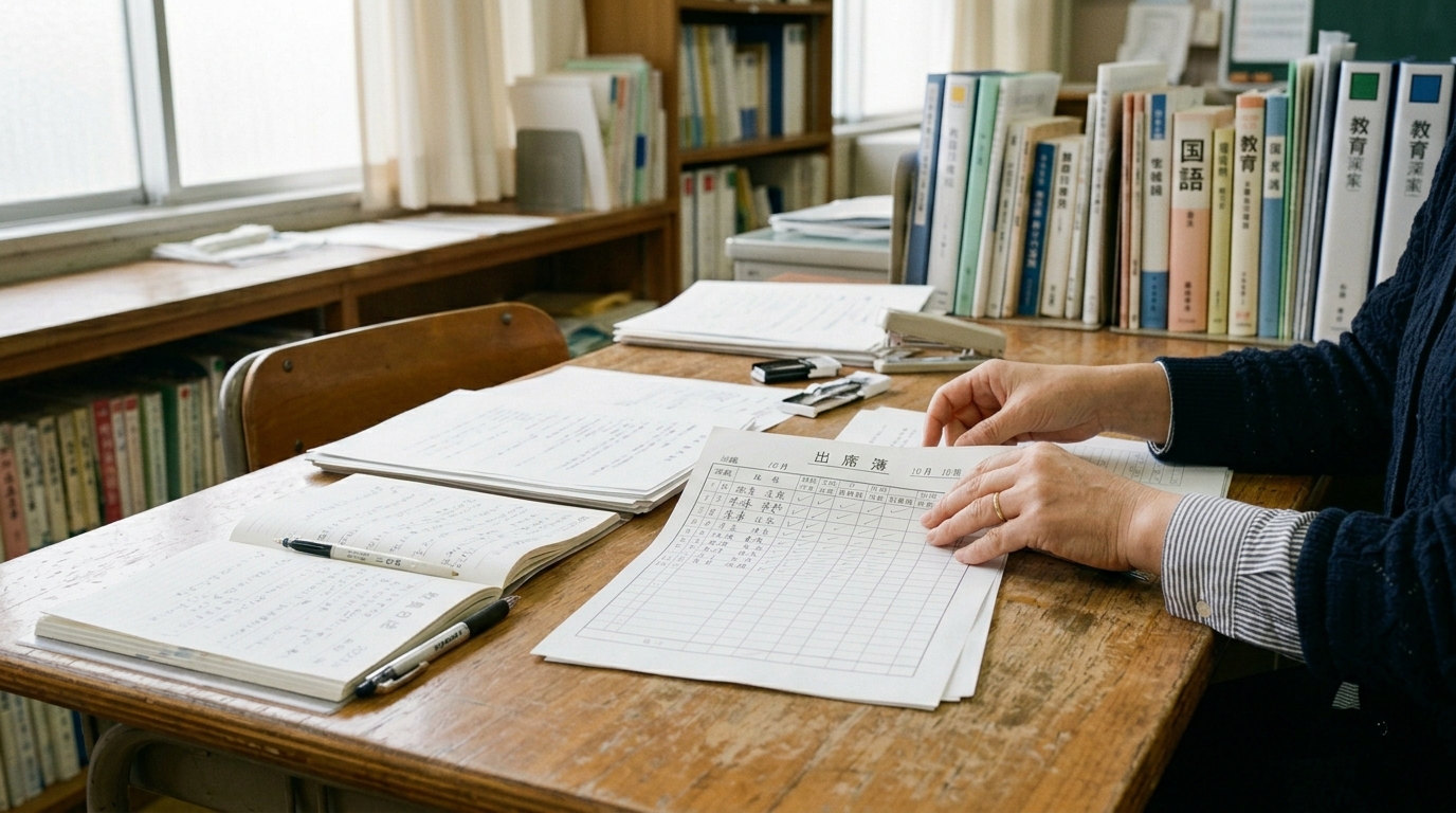 机の上に出席簿やノートが広がる教室運営の様子